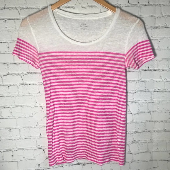 100% LINEN J. CREW STRIPE SHIRT WHITE NEON PINK XS - Picture 3 of 6